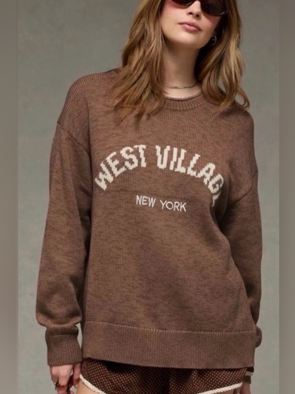 AE West Village New York Crew Neck Sweater Brown Medium NWT IN PKG